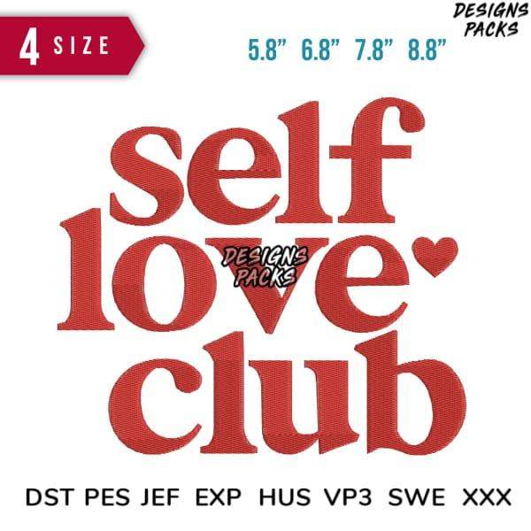 Self Love Club embroidery design in red with heart, available in multiple sizes and formats