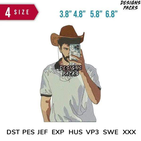 Cowboy hat man taking selfie, embroidery design in 4 sizes, DST PES formats