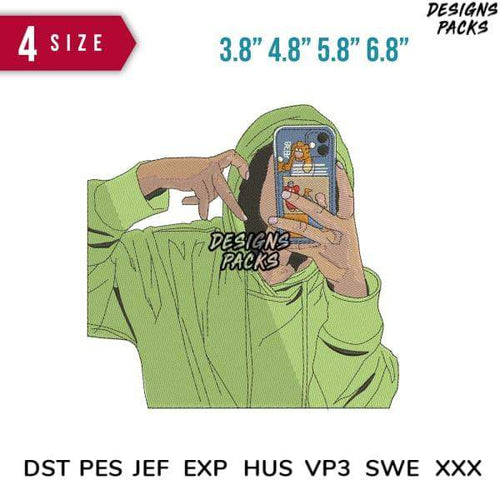Anime-style person in green hoodie taking selfie with phone, featuring print-ready embroidery designs in 4 sizes