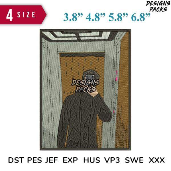 Embroidery design of person taking mirror selfie, available in 4 sizes & multiple formats like PES, DST, EXP
