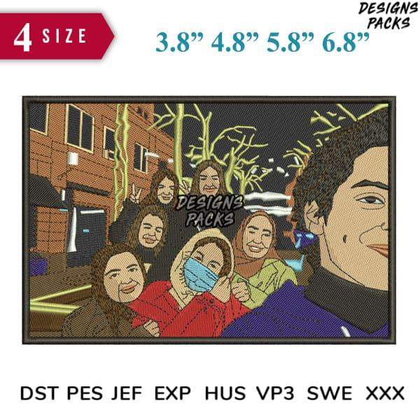 Embroidery design featuring group selfie with trees and building, available in multiple sizes and formats