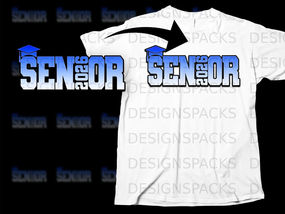White t-shirt with blue gradient "SENIOR 2026" graphic and graduation cap.