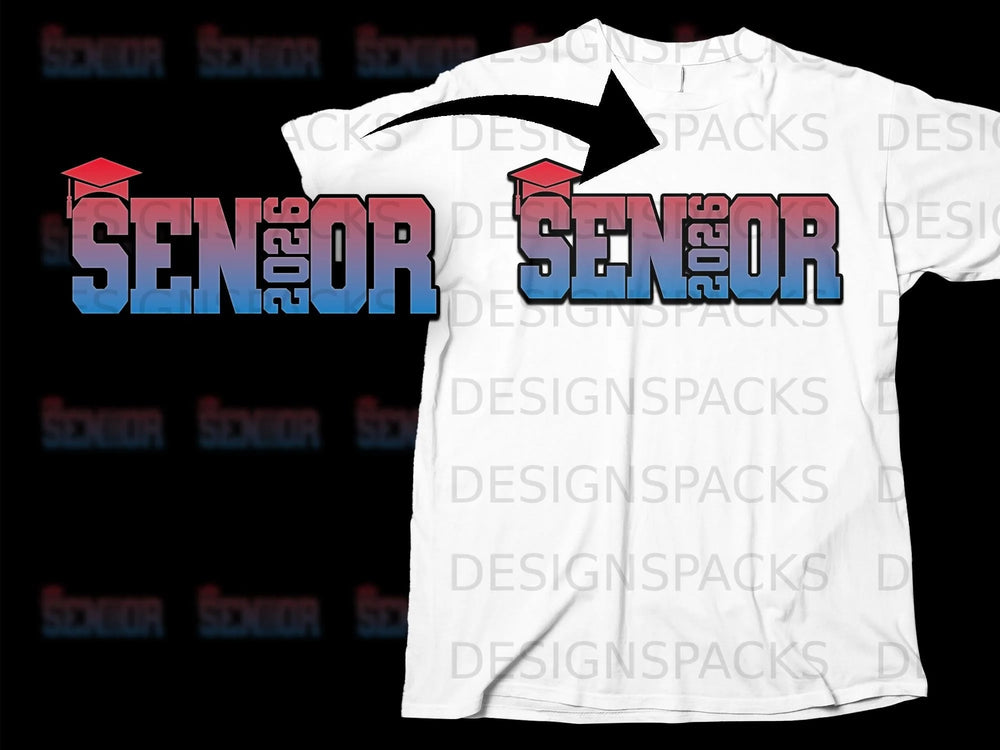 Senior 2026 graphic with graduation cap on white t-shirt mockup.