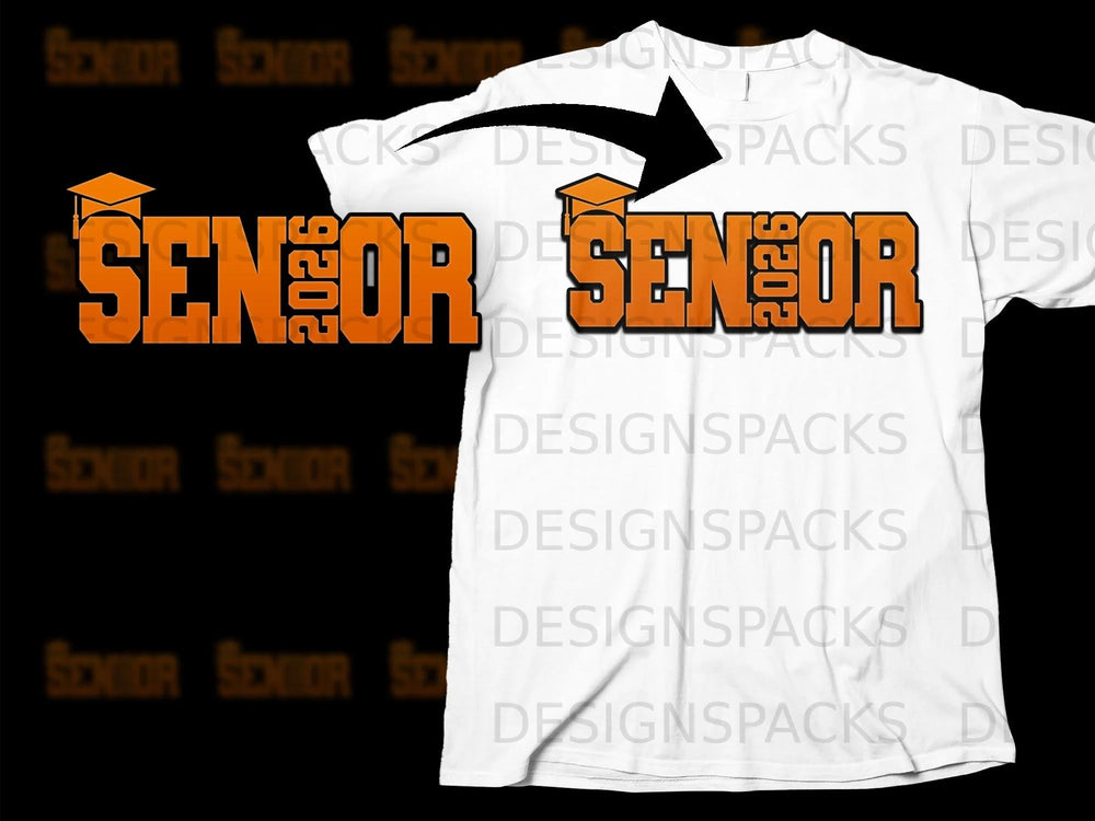 Orange "Senior 2026" graphic with graduation cap on a white t-shirt.