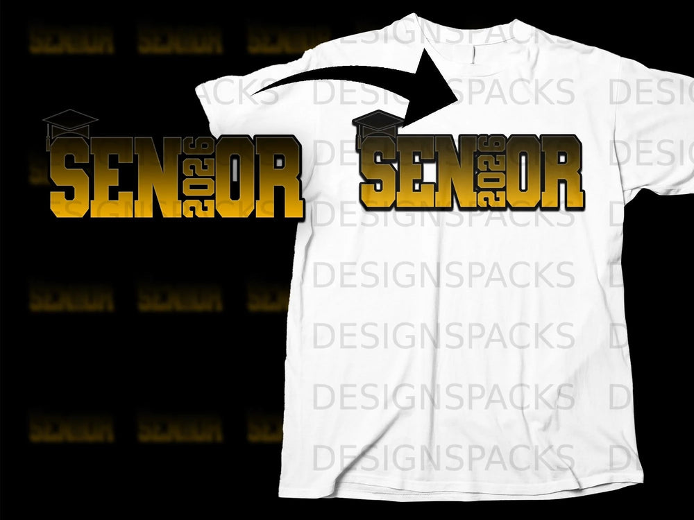 White t-shirt with "Senior 2026" text and graduation cap graphic.