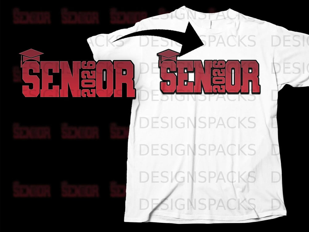 Red "SENIOR" text and graduation cap graphic on a white t-shirt.