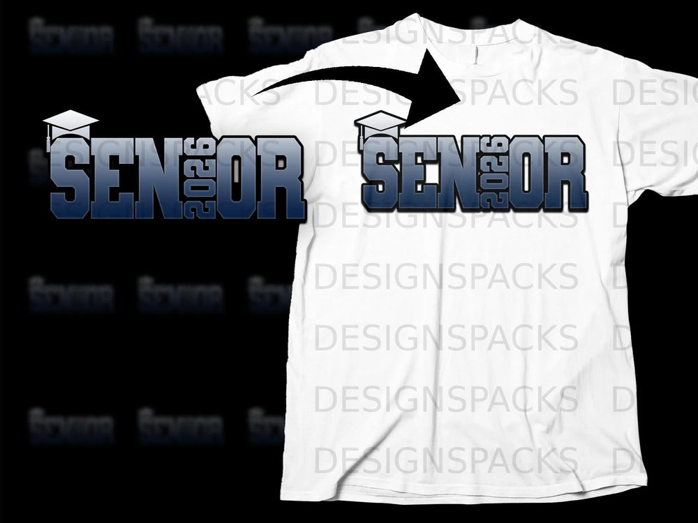 White t-shirt mockup shows a blue "Senior 2026" graphic with graduation cap.