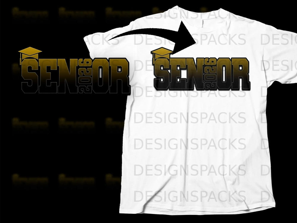 White t-shirt with "SENIOR 2026" text and a graduation cap graphic.