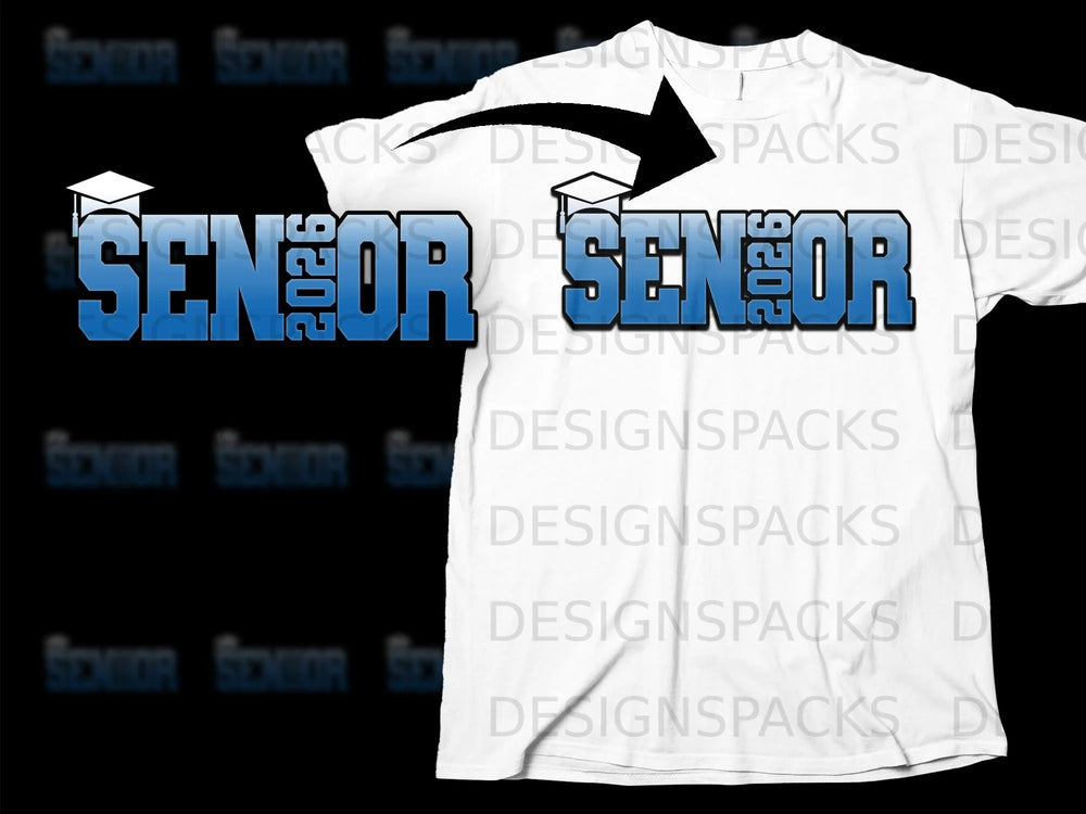 Blue "SENIOR 2026" text with graduation cap on white t-shirt.
