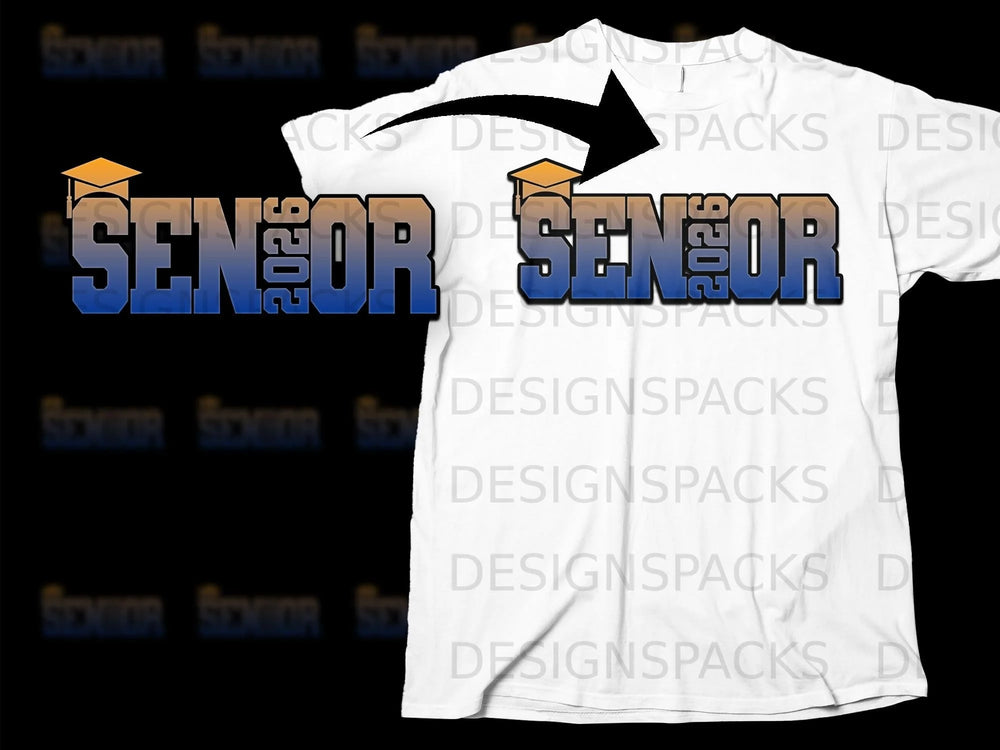 White t-shirt with blue and orange "SENIOR 2026" text and graduation cap graphic.