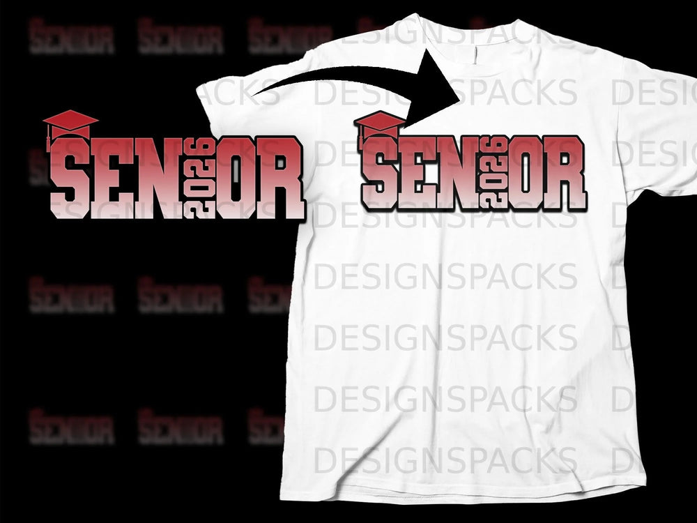 White t-shirt with "SENIOR 2026" graphic and graduation cap illustration.