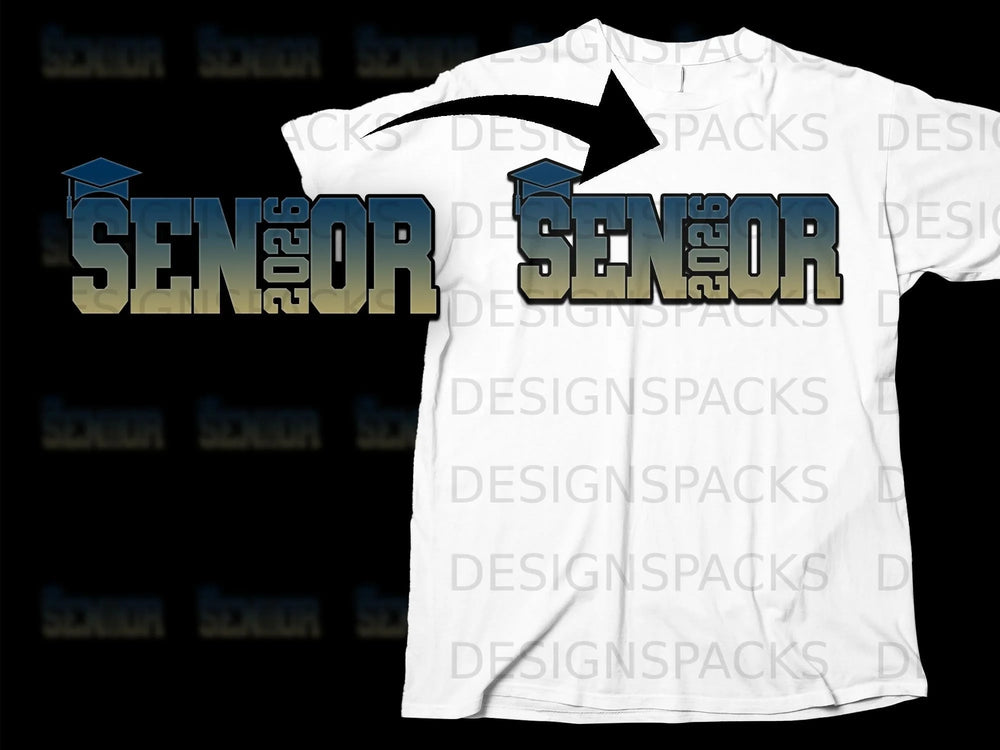 White t-shirt with "SENIOR 2026" graphic in gradient lettering and graduation cap.
