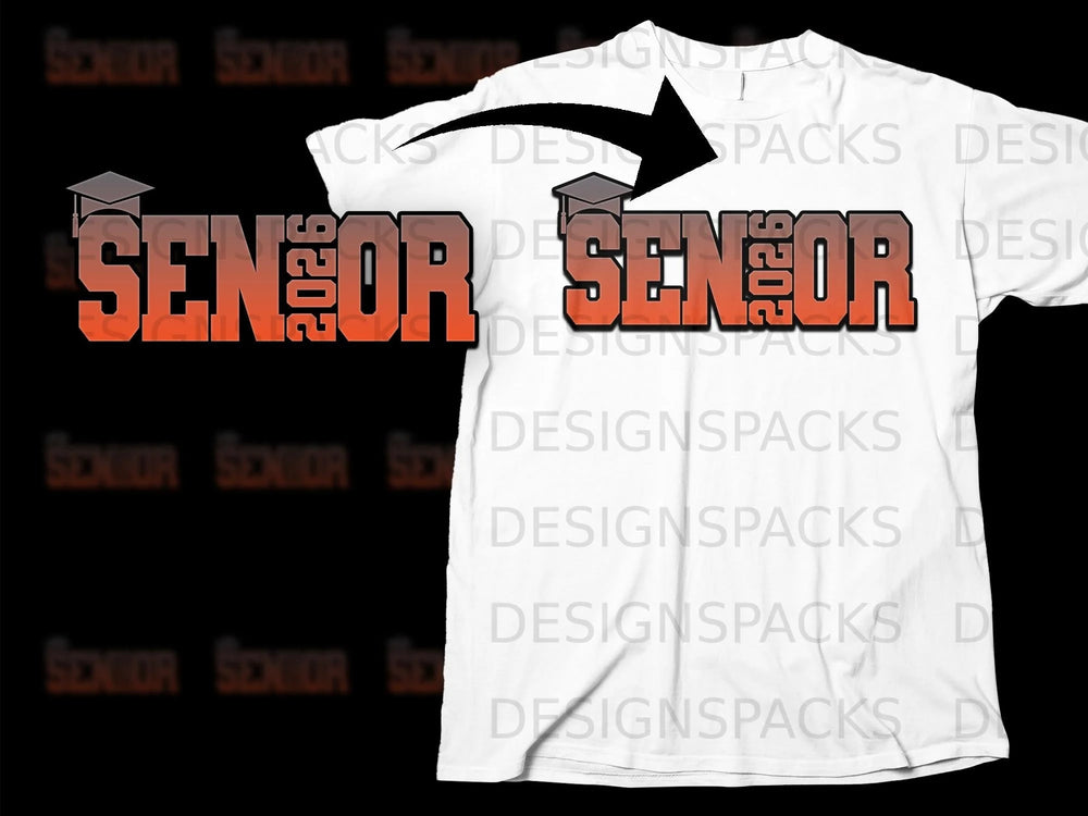 "Senior 2026" text with graduation cap graphic on white t-shirt.