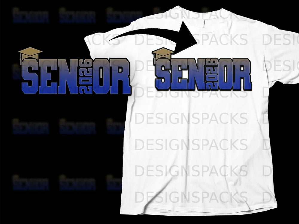 White t-shirt with "SENIOR 2026" text and graduation cap graphic.