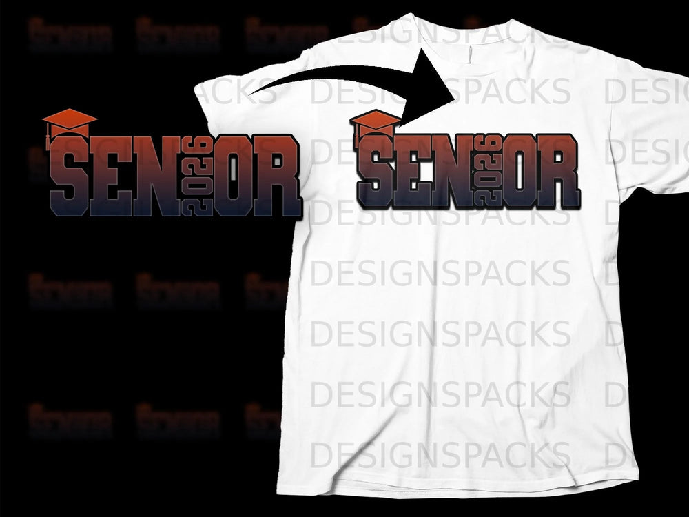 White t-shirt with "SENIOR 2026" text and graduation cap graphic.
