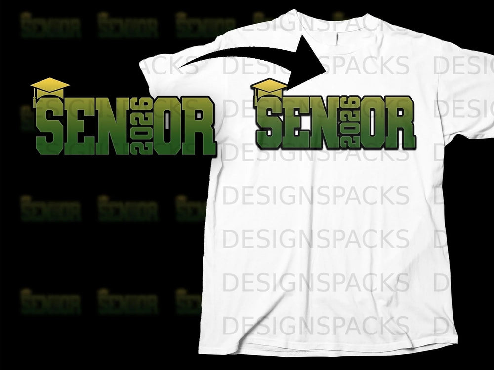 "Senior 2026" text with graduation cap graphic on a white t-shirt.
