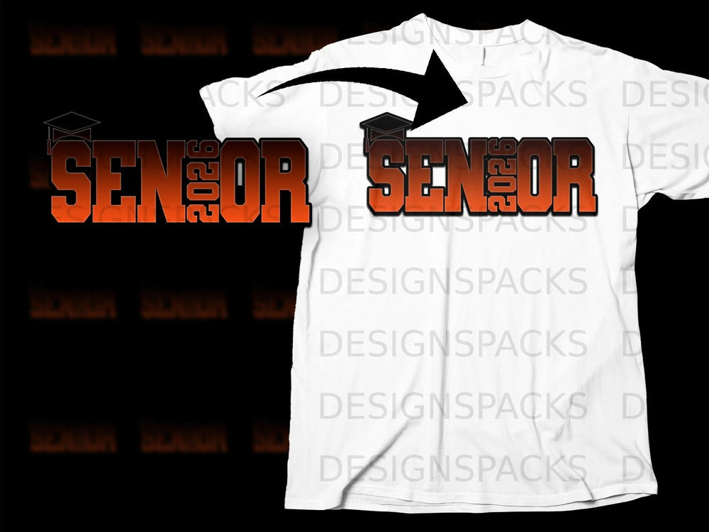 White t-shirt mockup with "SENIOR 2026" graphic and graduation cap.