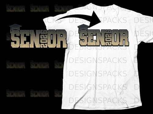 Senior 2026 graphic with graduation cap on a white t-shirt.