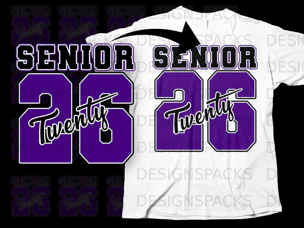 Purple "SENIOR 26 Twenty" graphic on a white t-shirt mockup.