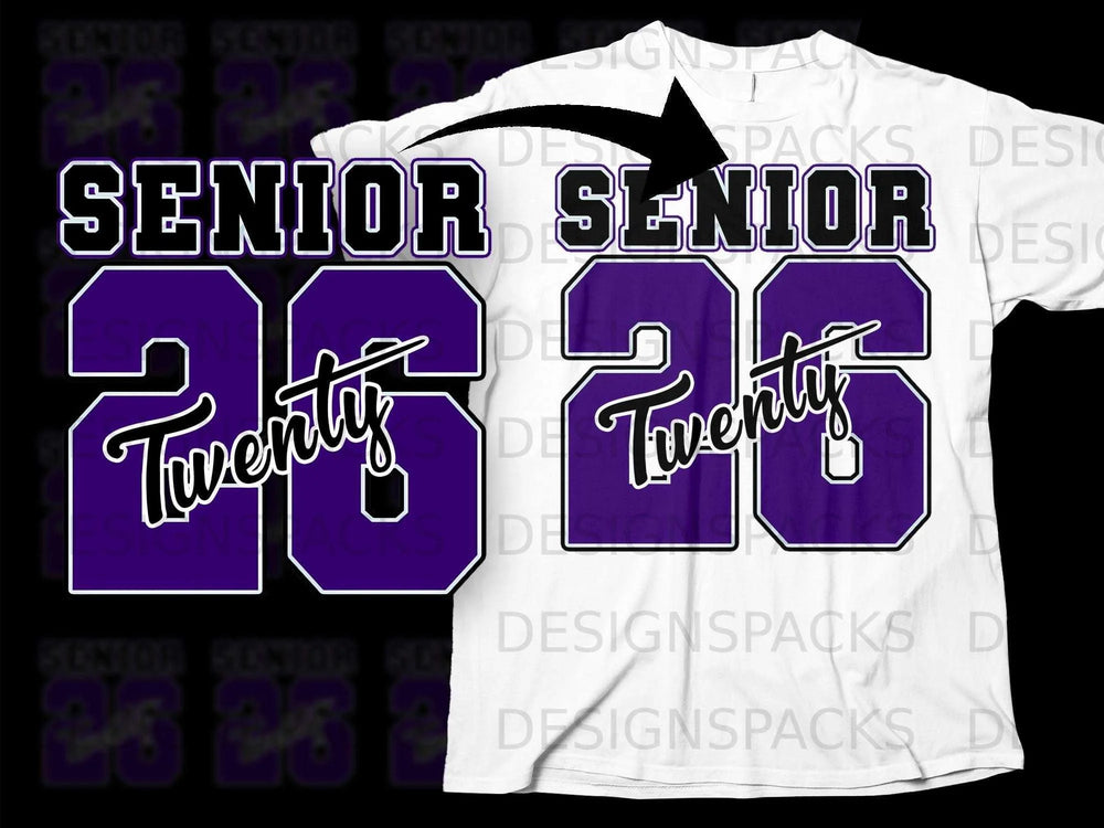 Purple "Senior 26 Twenty" graphic design on a white t-shirt.