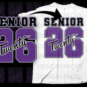 Purple "Senior 26 Twenty" graphic on a white t-shirt.