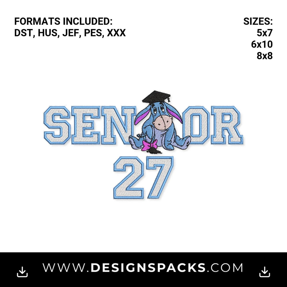 Senior 27 Eeyore Graduation Embroidery Design - Instant digital download pattern at Designspacks.com