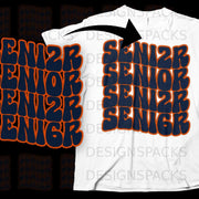 "SENIOR" repeated four times in navy with orange outline on a white t-shirt.