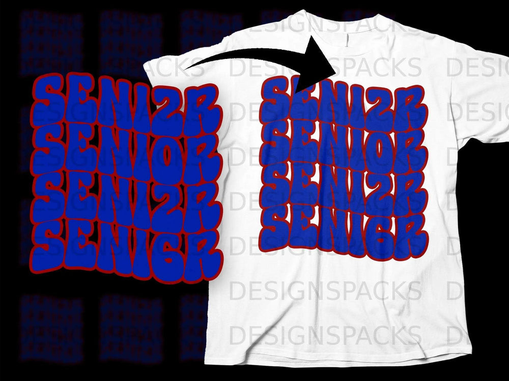 Blue "Senior 2024" text overlay on white t-shirt, shown from front.