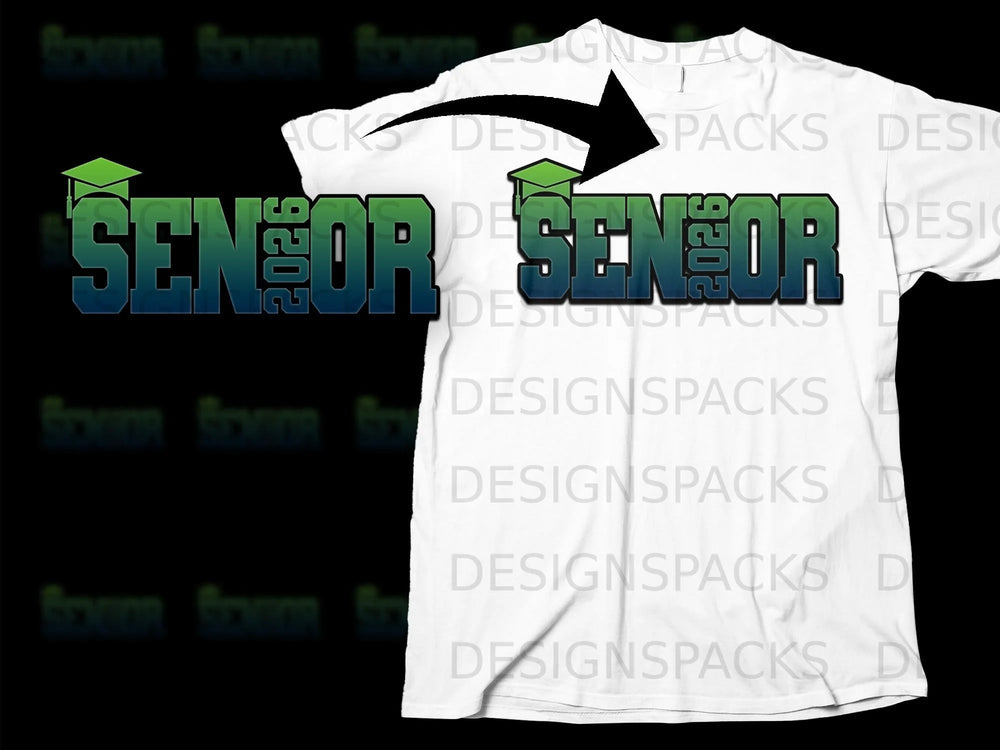 Senior 2026 graduation cap design in gradient blue and green across a white t-shirt.