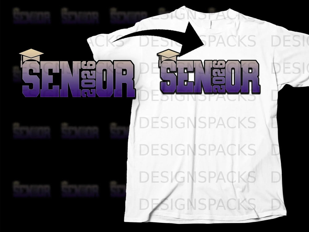 "Senior 2026" text with graduation cap on white t-shirt.