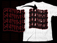 Load image into Gallery viewer, White t-shirt with "SENIOR" repeated in stacked rows with red outline.
