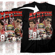 Ayrton Senna graphic on a black t-shirt with racing imagery and checkered flags.