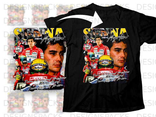 Ayrton Senna t-shirt design with his portrait, racing logos, and quote.