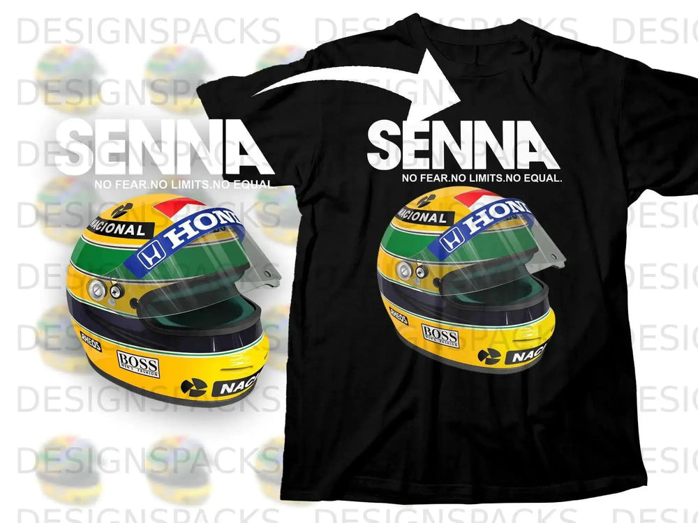 Black t-shirt featuring Ayrton Senna's iconic helmet and the slogan "No Fear. No Limits. No Equal."