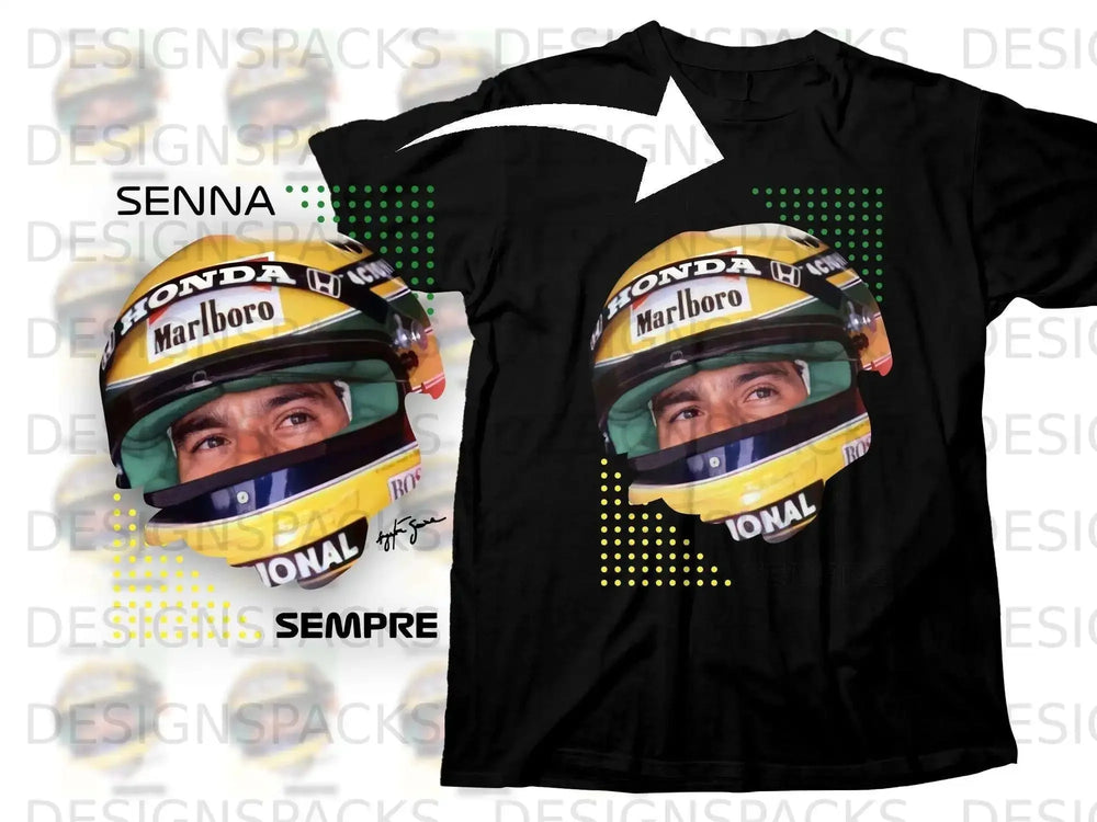 Black t-shirt with Ayrton Senna's helmet graphic and "SENNA" text.