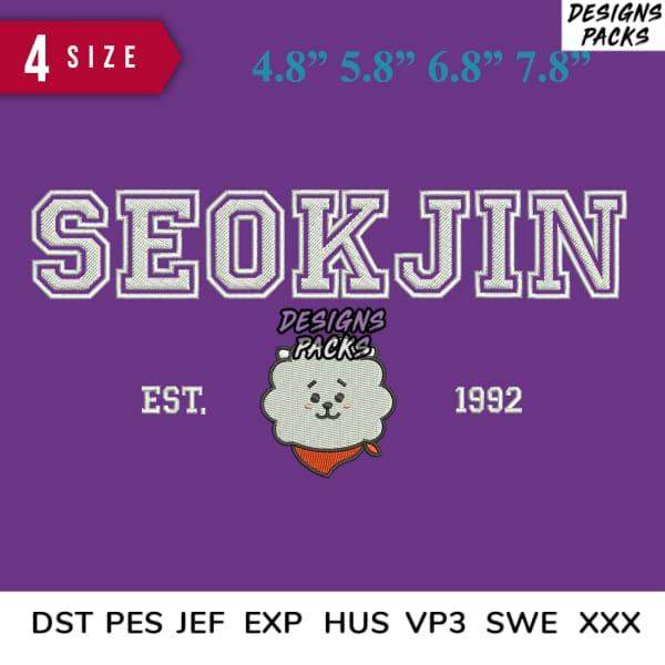 Seokjin varsity-style embroidery design with cute character, available in 4 sizes and multiple file formats