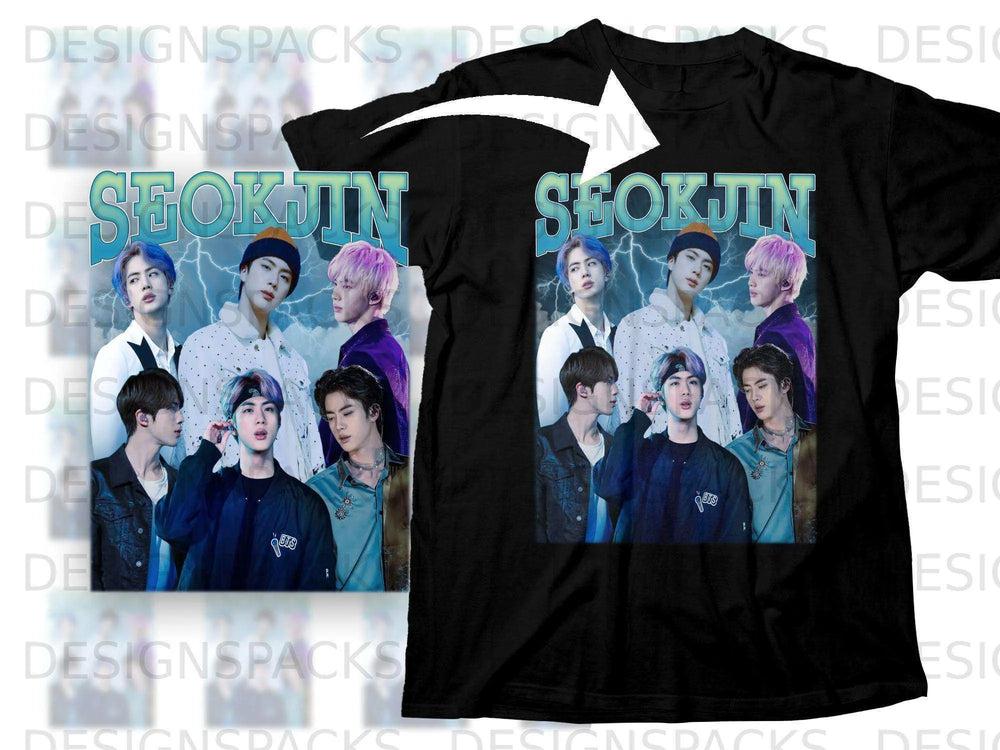 Black t-shirt mockup featuring BTS member Jin in multiple poses.