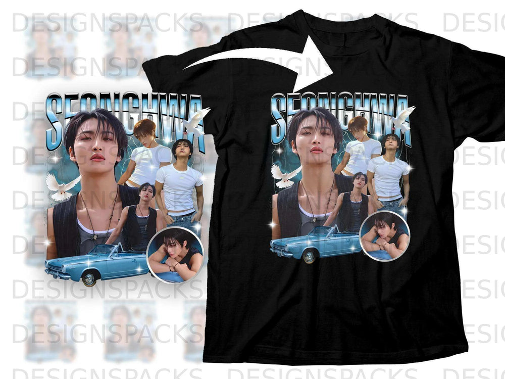 Black t-shirt with K-pop artist Seonghwa and blue car graphic.