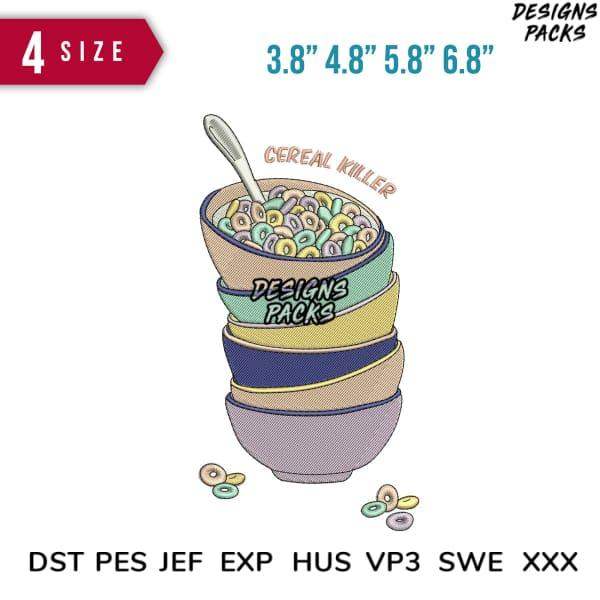 Cereal killer embroidery design with stacked bowls, 4 sizes, DST PES JEF formats for instant download