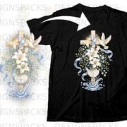 Black t-shirt with a cross, lilies, doves, ribbons, and water design.