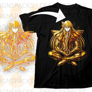 Black t-shirt with gold anime character in armor sitting cross-legged.
