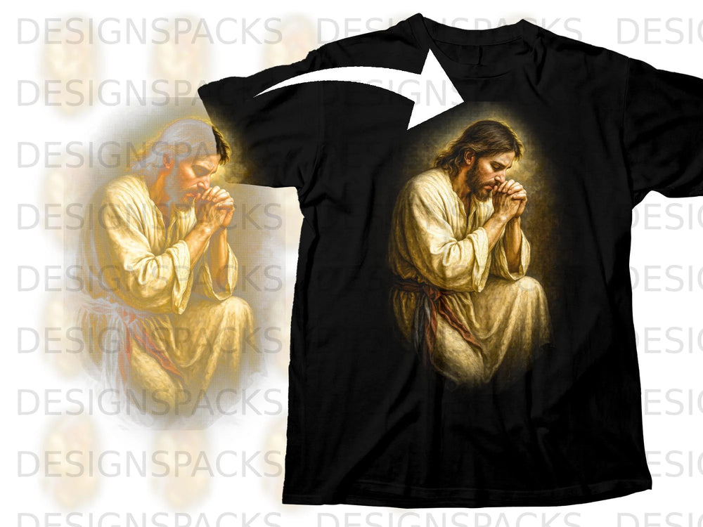 Black t-shirt with a painting of Jesus praying on the front.