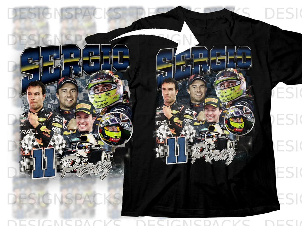 Sergio Pérez graphic on a black t-shirt with racing imagery and checkered flags.