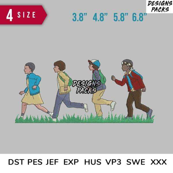 Embroidery design of four kids running on grass, available in PES, DST, EXP formats, multiple sizes