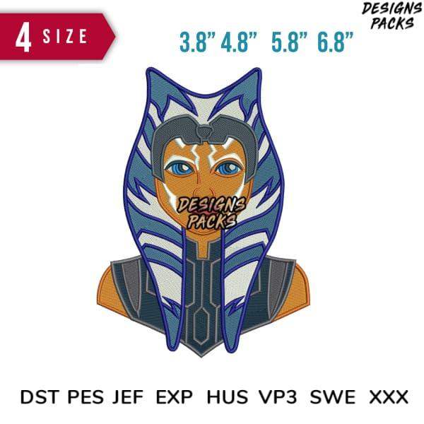 Ahsoka Tano embroidery design in 4 sizes, compatible with DST PES JEF formats for instant download.
