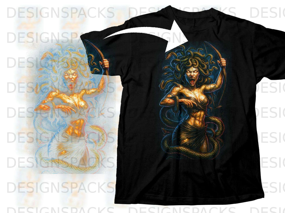 Medusa with snakes for hair and a bow on a black t-shirt.