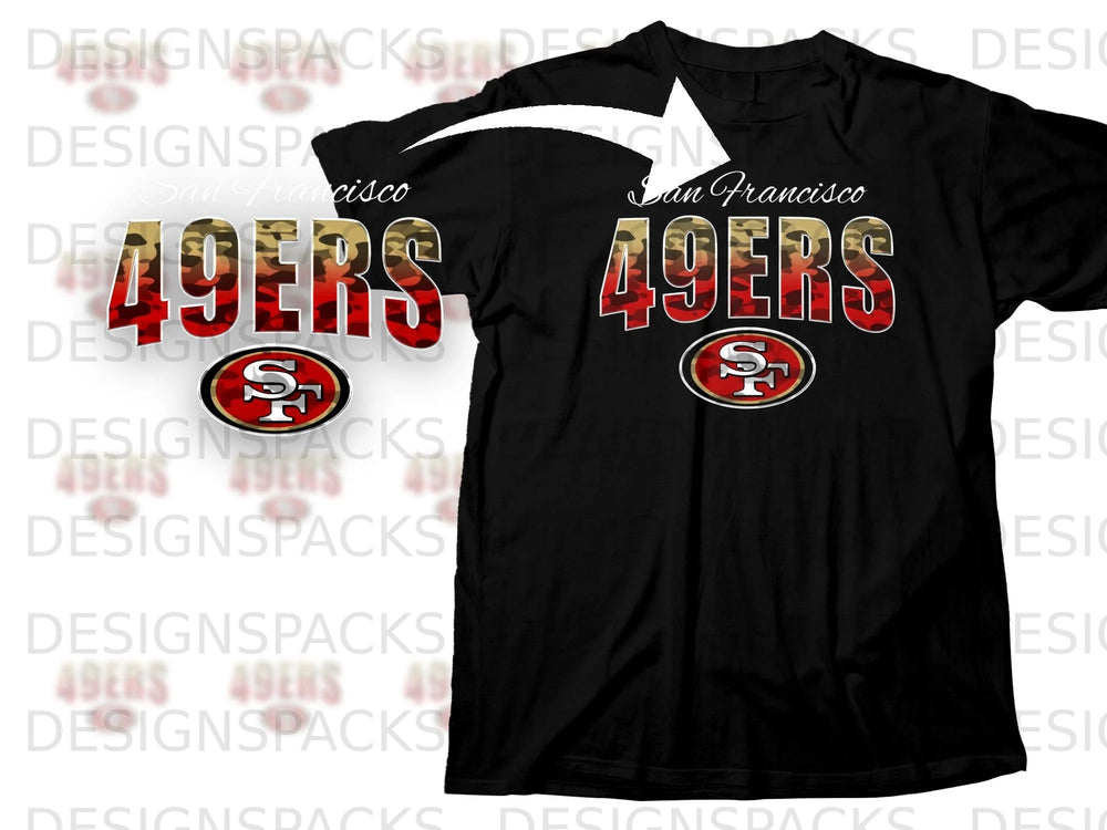 Black t-shirt with "San Francisco 49ERS" logo and camouflage pattern.
