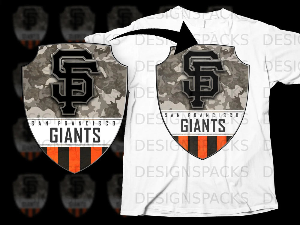 San Francisco Giants logo with camouflage and orange stripes on a white t-shirt.