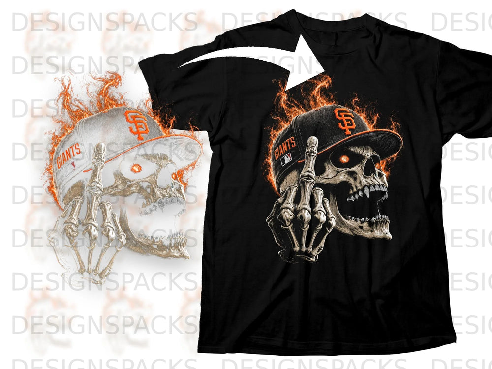 Black t-shirt with a burning skull graphic wearing a Giants baseball cap and giving the middle finger.