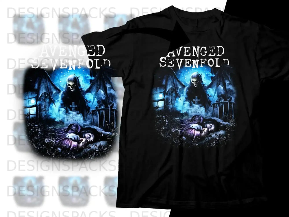 Avenged Sevenfold black t-shirt with "Forever" tombstone and winged skeleton graphic.